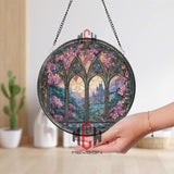 Castle Window Stained Glass Suncatcher, Round Gothic Arch Floral Panel, Fantasy Landscape Glass Art Home Decor Gift