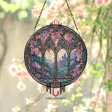 Castle Window Stained Glass Suncatcher, Round Gothic Arch Floral Panel, Fantasy Landscape Glass Art Home Decor Gift