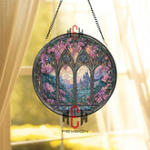Castle Window Stained Glass Suncatcher, Round Gothic Arch Floral Panel, Fantasy Landscape Glass Art Home Decor Gift