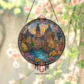 European City Stained Glass Suncatcher, Round River Bridge Window Panel, Old Town Architecture Glass Art Home Decor Gift