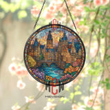 European City Stained Glass Suncatcher, Round River Bridge Window Panel, Old Town Architecture Glass Art Home Decor Gift