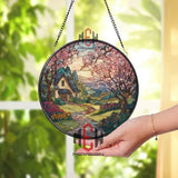 Country Cottage Stained Glass Suncatcher, Round Spring Landscape Window Panel, Floral Path Garden Glass Art Home Decor Gift