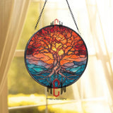 Tree of Life Stained Glass Suncatcher, Round Sunset Nature Window Panel, Sacred Roots Glass Art Home Decor Gift