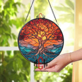 Tree of Life Stained Glass Suncatcher, Round Sunset Nature Window Panel, Sacred Roots Glass Art Home Decor Gift