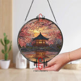 Japanese Temple Stained Glass Suncatcher, Round Cherry Blossom Sunset Window Panel, Asian Landscape Glass Art Home Decor Gift