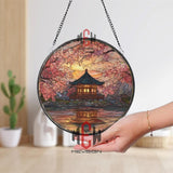 Japanese Temple Stained Glass Suncatcher, Round Cherry Blossom Sunset Window Panel, Asian Landscape Glass Art Home Decor Gift