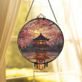Japanese Temple Stained Glass Suncatcher, Round Cherry Blossom Sunset Window Panel, Asian Landscape Glass Art Home Decor Gift