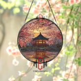 Japanese Temple Stained Glass Suncatcher, Round Cherry Blossom Sunset Window Panel, Asian Landscape Glass Art Home Decor Gift