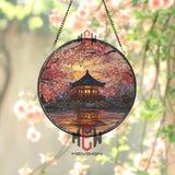 Japanese Temple Stained Glass Suncatcher, Round Cherry Blossom Sunset Window Panel, Asian Landscape Glass Art Home Decor Gift