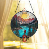 Mountain Explorer Stained Glass Suncatcher, Round Hiking Landscape Window Panel, Nature Adventure Glass Art Home Decor Gift