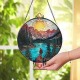 Mountain Explorer Stained Glass Suncatcher, Round Hiking Landscape Window Panel, Nature Adventure Glass Art Home Decor Gift