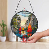 Sailboat Sunset Stained Glass Suncatcher, Round Coastal Ocean Window Panel, Nautical Sailing Glass Art Home Decor Gift