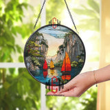 Sailboat Sunset Stained Glass Suncatcher, Round Coastal Ocean Window Panel, Nautical Sailing Glass Art Home Decor Gift