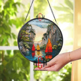 Sailboat Sunset Stained Glass Suncatcher, Round Coastal Ocean Window Panel, Nautical Sailing Glass Art Home Decor Gift