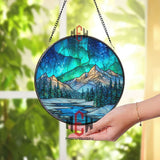 Northern Lights Stained Glass Suncatcher, Round Mountain Winter Window Panel, Aurora Borealis Glass Art Home Decor Gift