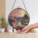 Geisha Sunset Stained Glass Suncatcher, Round Japanese Landscape Window Panel, Cherry Blossom Glass Art Home Decor Gift