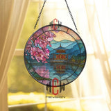 Golden Temple Stained Glass Suncatcher, Round Japanese Lake Window Panel, Cherry Blossom Glass Art Home Decor Gift