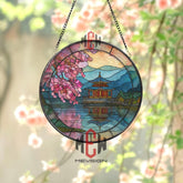 Golden Temple Stained Glass Suncatcher, Round Japanese Lake Window Panel, Cherry Blossom Glass Art Home Decor Gift