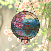 Golden Temple Stained Glass Suncatcher, Round Japanese Lake Window Panel, Cherry Blossom Glass Art Home Decor Gift