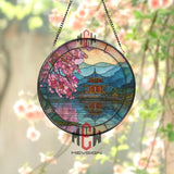 Golden Temple Stained Glass Suncatcher, Round Japanese Lake Window Panel, Cherry Blossom Glass Art Home Decor Gift