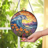 Ocean Wave Sunset Stained Glass Suncatcher, Round Coastal Flower Window Panel, Nature Sea Glass Art Home Decor Gift