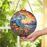 Ocean Wave Sunset Stained Glass Suncatcher, Round Coastal Flower Window Panel, Nature Sea Glass Art Home Decor Gift