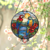 Tropical Parrots Stained Glass Suncatcher, Round Exotic Bird Window Panel, Jungle Hibiscus Glass Art Home Decor Gift