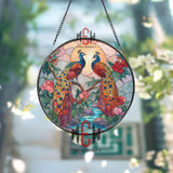 Peacock Pair Stained Glass Suncatcher, Round Floral Sunset Window Panel, Elegant Bird Glass Art Home Decor Gift for Nature Lovers