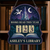 Books Read This Year Tracker - Crystal Castle Dragon Reading Sign, Fantasy Wooden Library Counter, Personalized Book Lover Gift