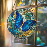 Blue Butterfly Stained Glass Suncatcher, Round Window Hanging with Green Floral Scrolls, Elegant Glass Panel Home Decor for Butterfly Lovers