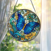 Blue Butterfly Stained Glass Suncatcher, Round Window Hanging with Green Floral Scrolls, Elegant Glass Panel Home Decor for Butterfly Lovers