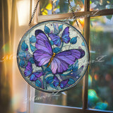 Purple Butterfly Stained Glass Suncatcher, Round Window Panel with Blue Floral Background, Colorful Hanging Glass Art for Butterfly Lovers