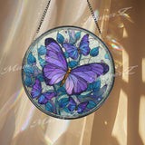 Purple Butterfly Stained Glass Suncatcher, Round Window Panel with Blue Floral Background, Colorful Hanging Glass Art for Butterfly Lovers
