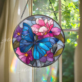 Blue Butterfly Stained Glass Suncatcher, Round Floral Window Panel with Pink Blossoms, Nature Inspired Hanging Glass Art for Home Decor