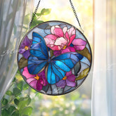Blue Butterfly Stained Glass Suncatcher, Round Floral Window Panel with Pink Blossoms, Nature Inspired Hanging Glass Art for Home Decor