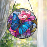 Blue Butterfly Stained Glass Suncatcher, Round Floral Window Panel with Pink Blossoms, Nature Inspired Hanging Glass Art for Home Decor