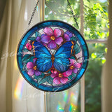 Blue Butterfly Stained Glass Suncatcher, Round Window Hanging Panel with Pink Flowers, Colorful Nature Glass Art Gift for Garden Lovers