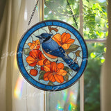 Blue Jay Stained Glass Suncatcher, Round Bird with Orange Flowers Window Hanging Panel, Colorful Nature Glass Art Gift for Bird Lovers