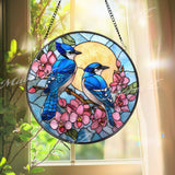 Blue Jay Stained Glass Suncatcher, Round Pair of Birds with Pink Flowers and Sun Window Panel, Nature Spring Bird Lover Gift Home Decor