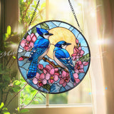 Blue Jay Stained Glass Suncatcher, Round Pair of Birds with Pink Flowers and Sun Window Panel, Nature Spring Bird Lover Gift Home Decor