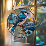 Blue Jay Stained Glass Suncatcher, Round Bird and Blue Flowers Window Panel, Nature Floral Home Decor, Bird Lover Gift, Spring Sun Catcher