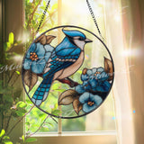 Blue Jay Stained Glass Suncatcher, Round Bird and Blue Flowers Window Panel, Nature Floral Home Decor, Bird Lover Gift, Spring Sun Catcher
