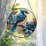 Blue Jay Stained Glass Suncatcher, Round Bird and Blue Flowers Window Panel, Nature Floral Home Decor, Bird Lover Gift, Spring Sun Catcher