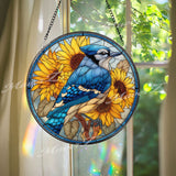 Blue Jay Sunflower Stained Glass Suncatcher, Round Bird Window Panel, Bright Nature Garden Decor, Summer Floral Hanging Gift
