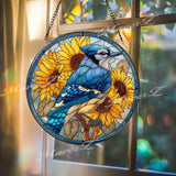 Blue Jay Sunflower Stained Glass Suncatcher, Round Bird Window Panel, Bright Nature Garden Decor, Summer Floral Hanging Gift
