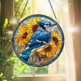 Blue Jay Sunflower Stained Glass Suncatcher, Round Bird Window Panel, Bright Nature Garden Decor, Summer Floral Hanging Gift