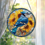 Blue Jay Sunflower Stained Glass Suncatcher, Round Bird Window Panel, Bright Nature Garden Decor, Summer Floral Hanging Gift