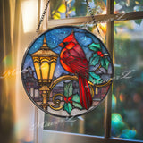 Cardinal Lantern Stained Glass Suncatcher, Round Christmas Window Panel with Holly Leaves, Holiday Memorial Bird Decor, Winter Gift