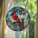 Christmas Cardinal Stained Glass Suncatcher, Round Holiday Window Panel with Lamp Post and Holly, Festive Winter Home Decor Gift
