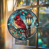 Christmas Cardinal Stained Glass Suncatcher, Round Holiday Window Panel with Lamp Post and Holly, Festive Winter Home Decor Gift